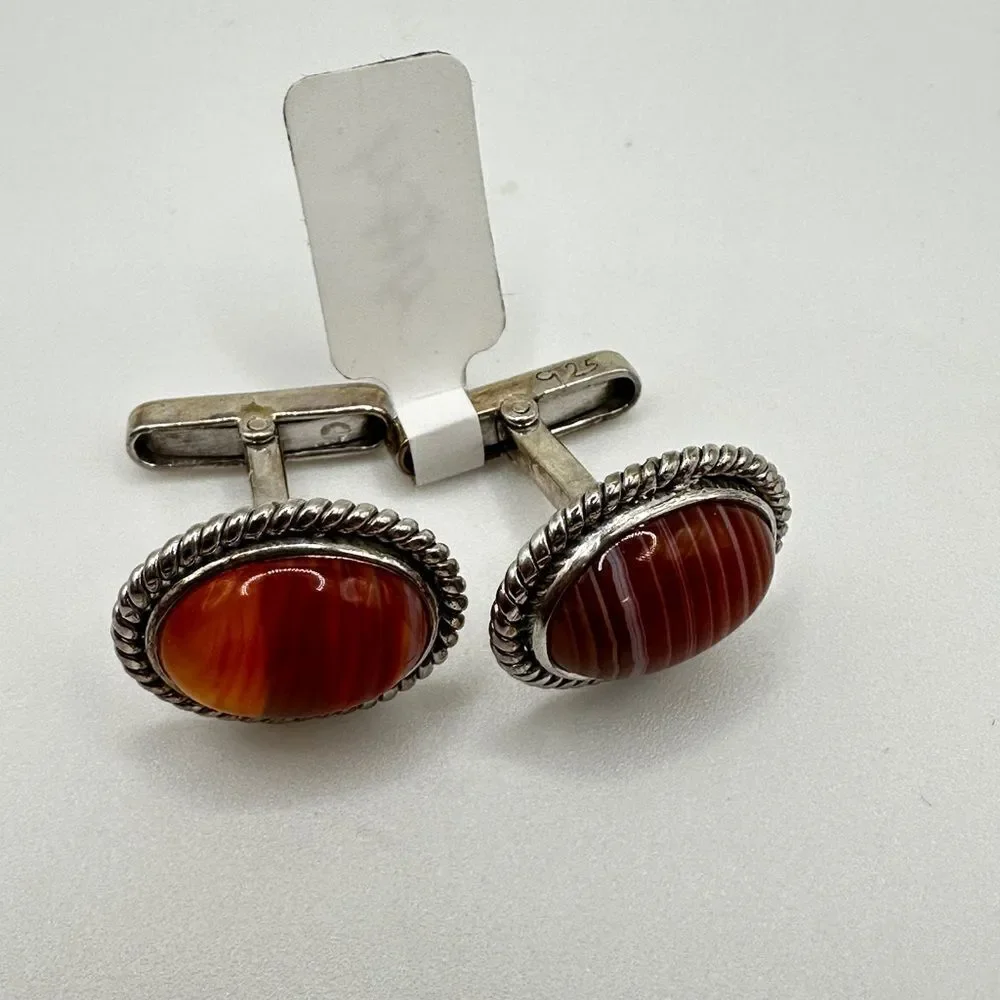 Genuine agate cuff links in solid Sterling silver, handmade in Pakistan